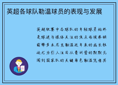 英超各球队勒温球员的表现与发展
