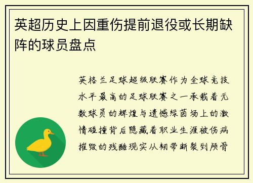 英超历史上因重伤提前退役或长期缺阵的球员盘点