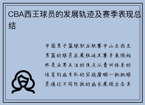 CBA西王球员的发展轨迹及赛季表现总结